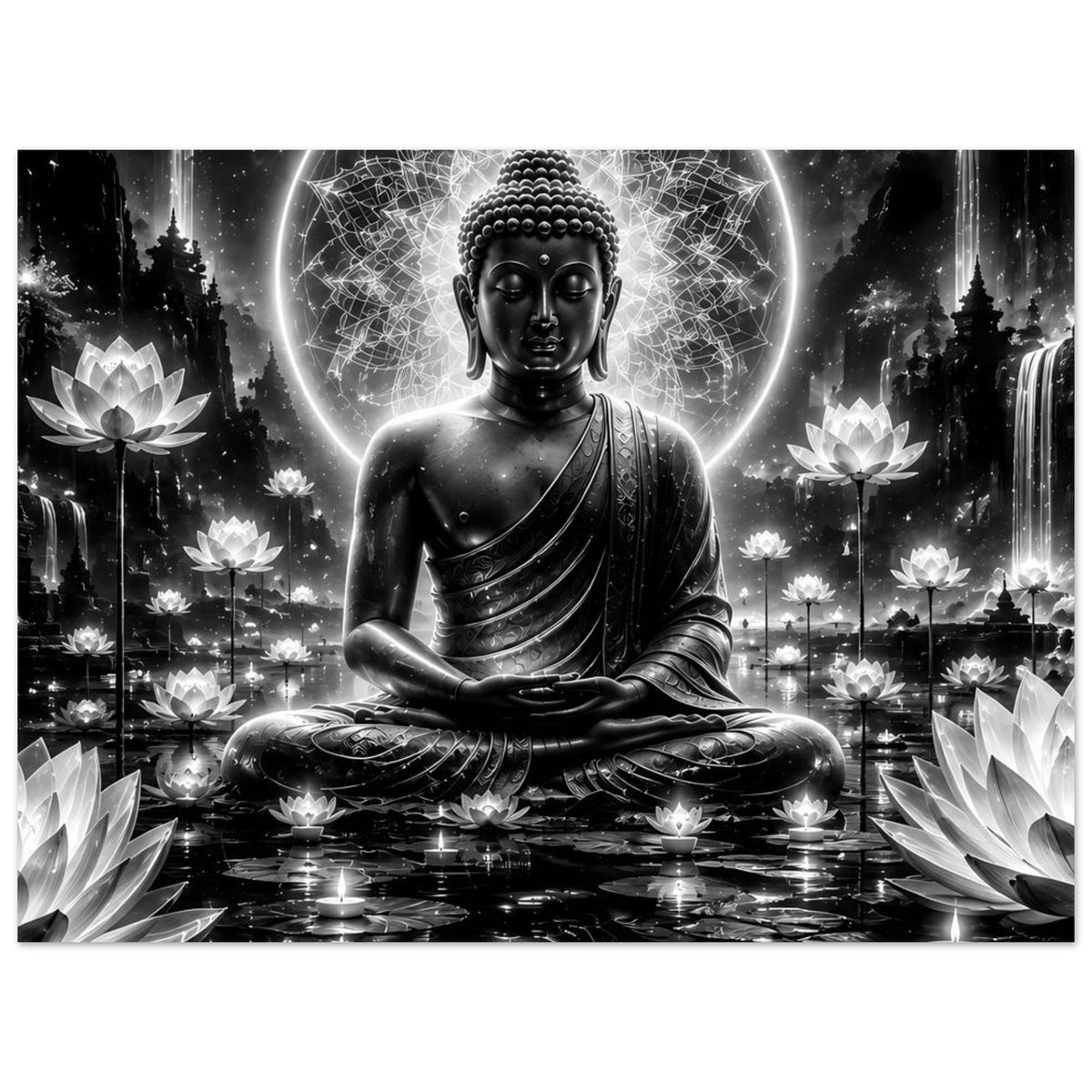 Buddha-Serenity-Poster: Meditierender Buddha mit Lichtkranz, Mandala- und Lotosblüten-Details