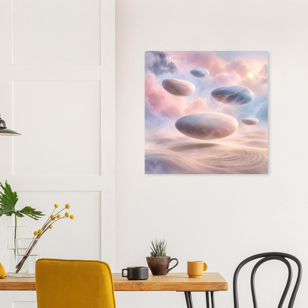 Surreales Poster mit schwebenden Felsen und pastellrosa Dünenlandschaft