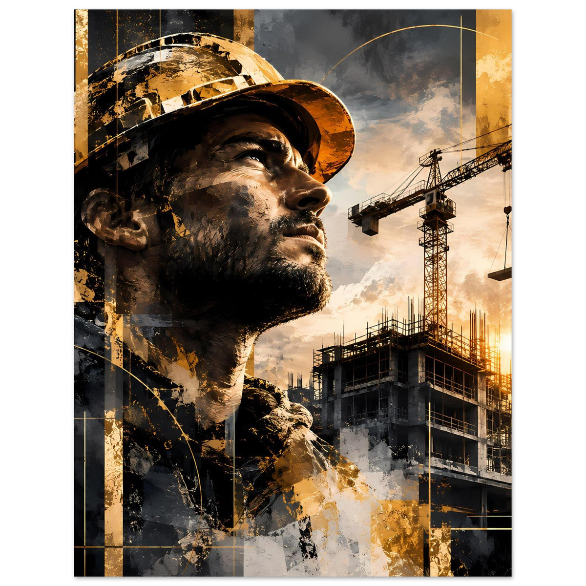 Poster mit seitlichem Bauarbeiterprofil im Hut, Baukräne und Hochhausgerüst, Gold-Grau