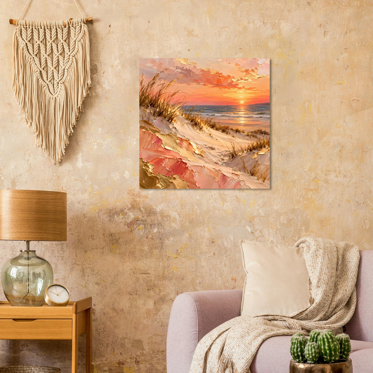 Meerposter mit Strandlandschaft und Sonnenuntergang, Pfirsich, Gold und Ozean