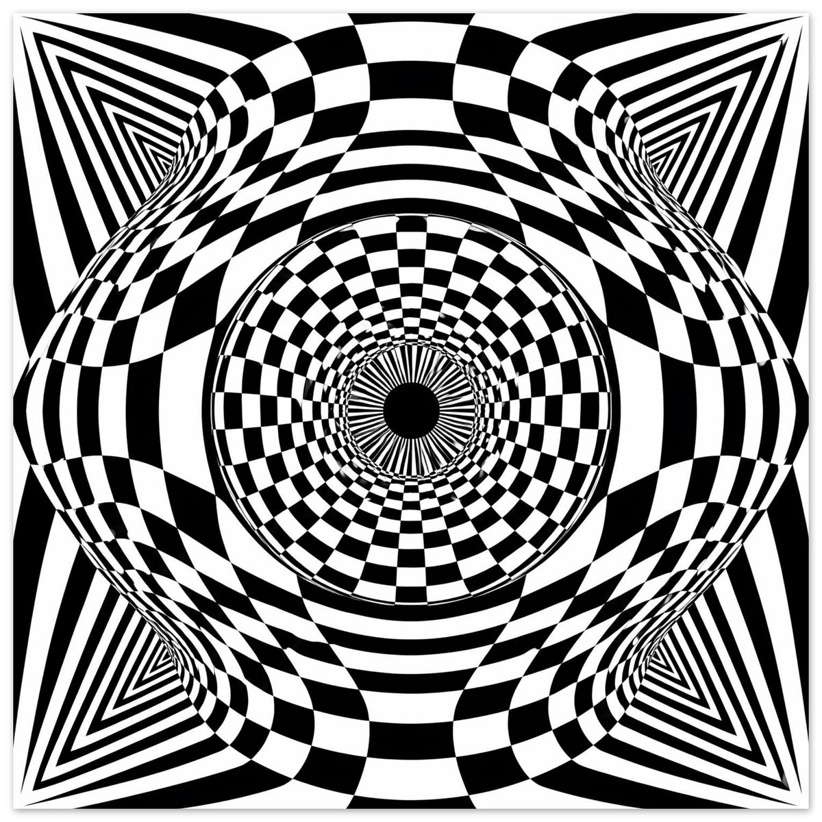 Poster mit schwarz-weißem Schachbrett-Effekt und hypnotischem Kreis-Muster im Viereck-Rahmen