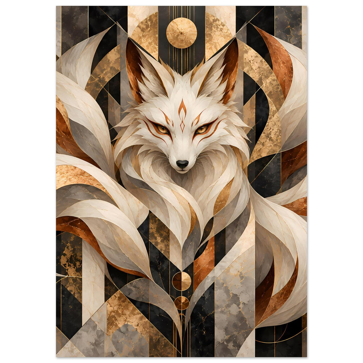 Geometrisches Fuchs-Poster mit ruhigem Fuchskopf, Wirbelbögen und runden Gold-Highlights
