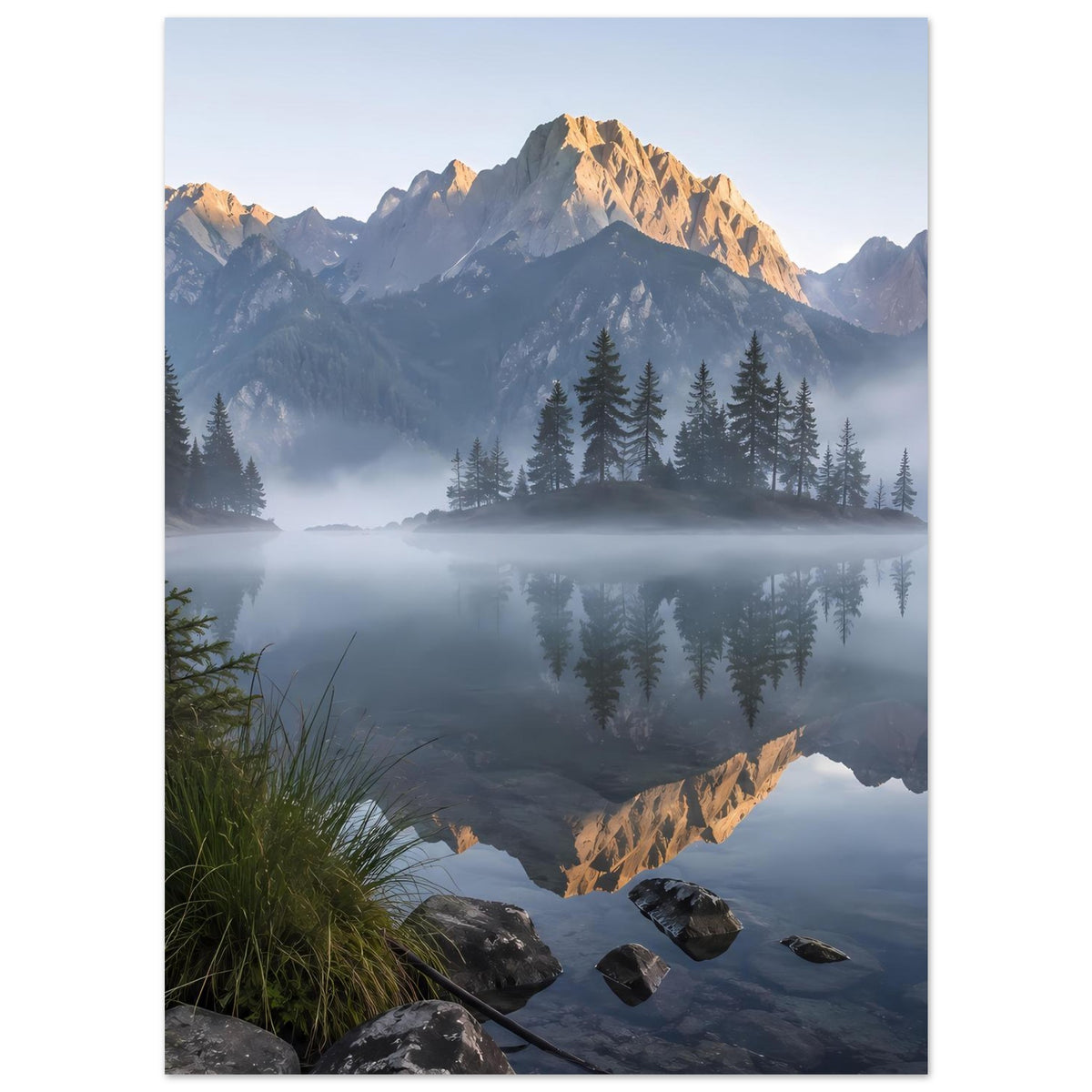 Vertikales Poster mit Bergkulisse, Seespiegelung, Morgennebel und Tannenwald