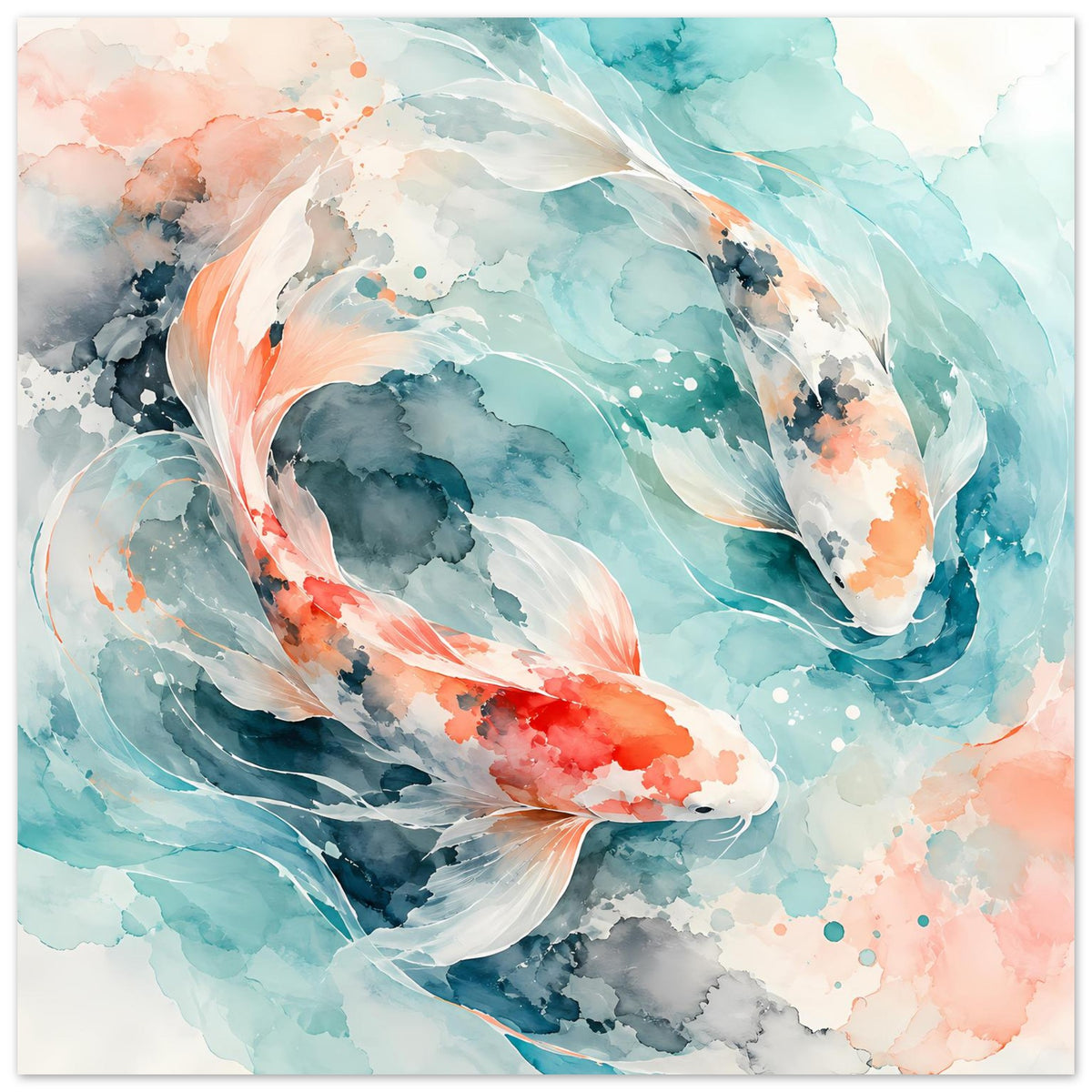 Poster mit Aquarell-Koi-Fischpaar, große Flossen in Türkis, Lachs und Grau