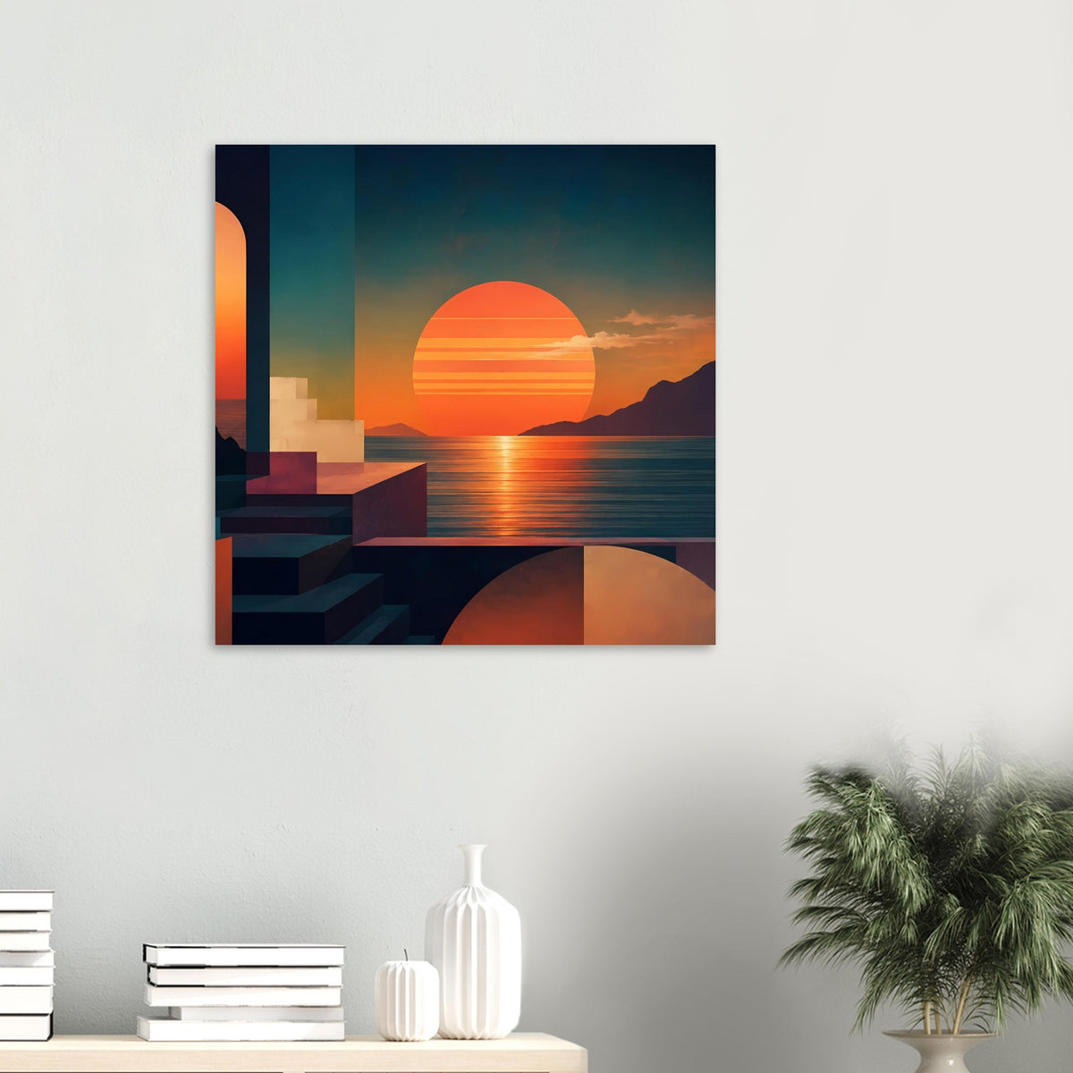 Gerahmter quadratischer Kunstdruck: Sonnenuntergang am Meer, orange Sonne, blaue Architektur