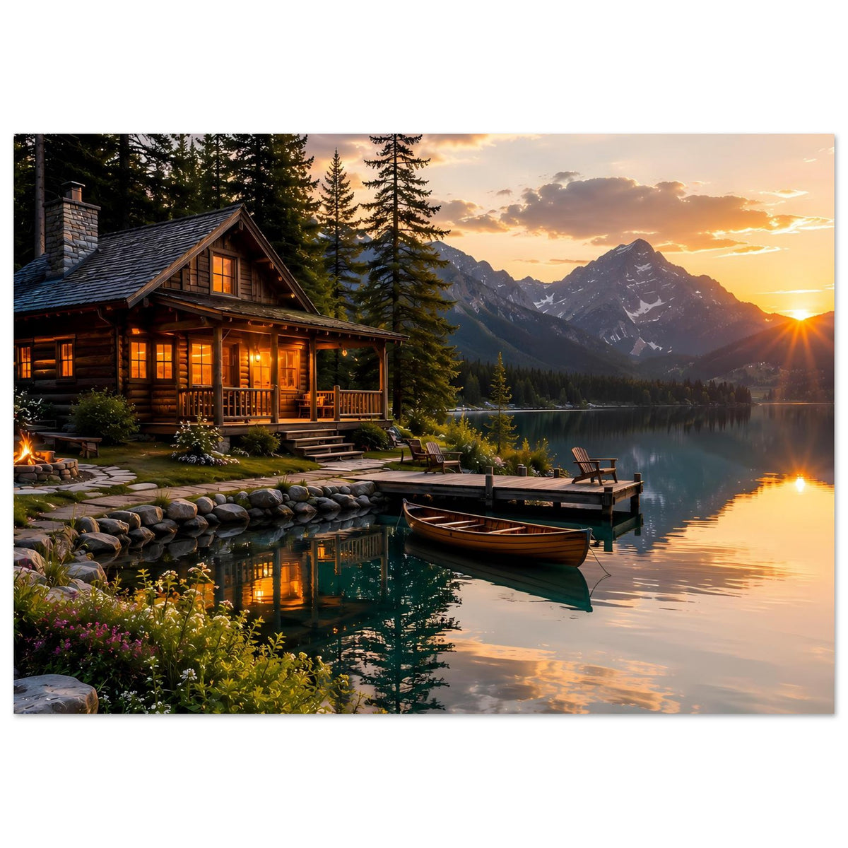 Poster: Blockhütte am Ufer, Steg und ruhiger See unter goldenem Sonnenuntergang