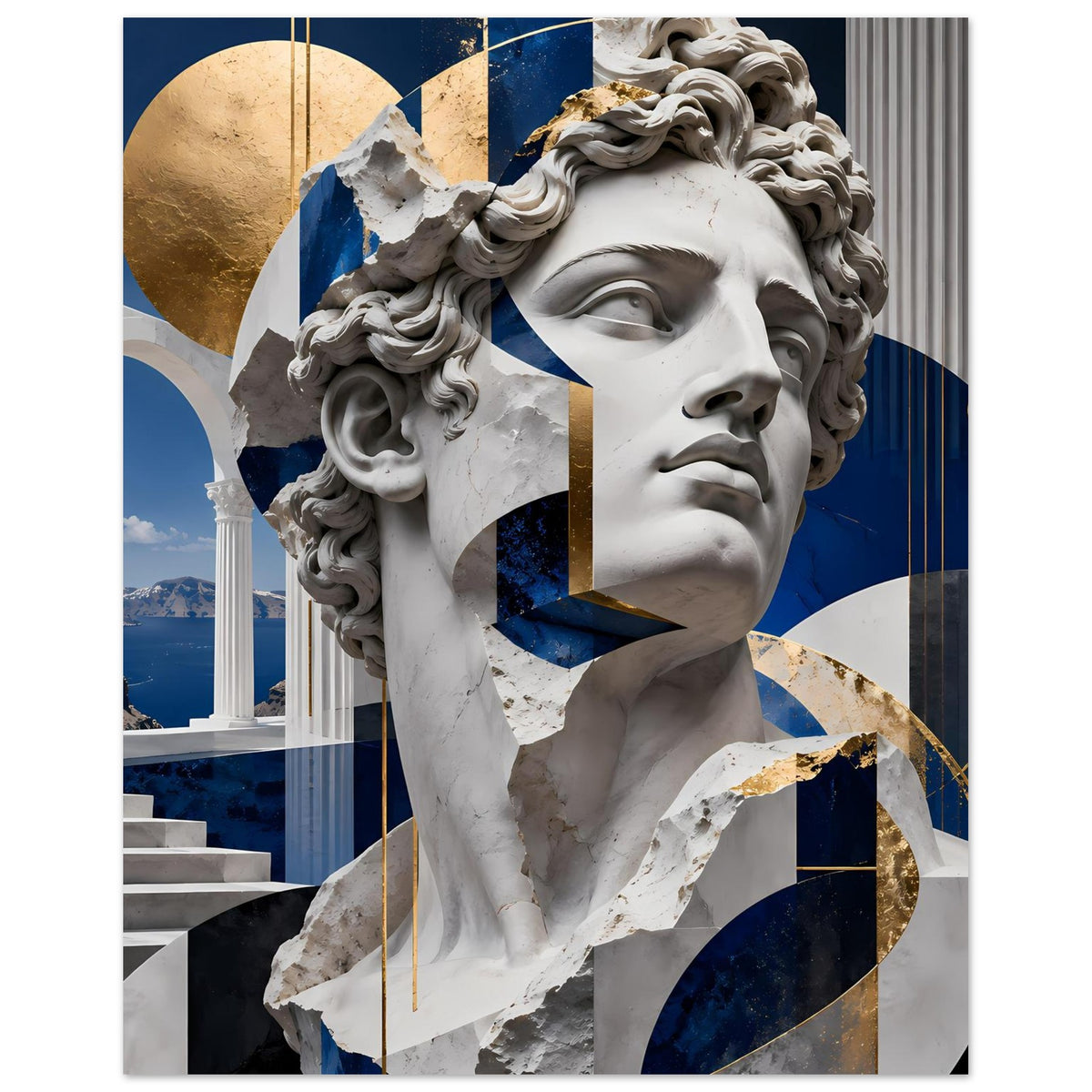 Poster mit Marmorskulptur und geometrischem Design in Blau sowie goldenen Kreisen
