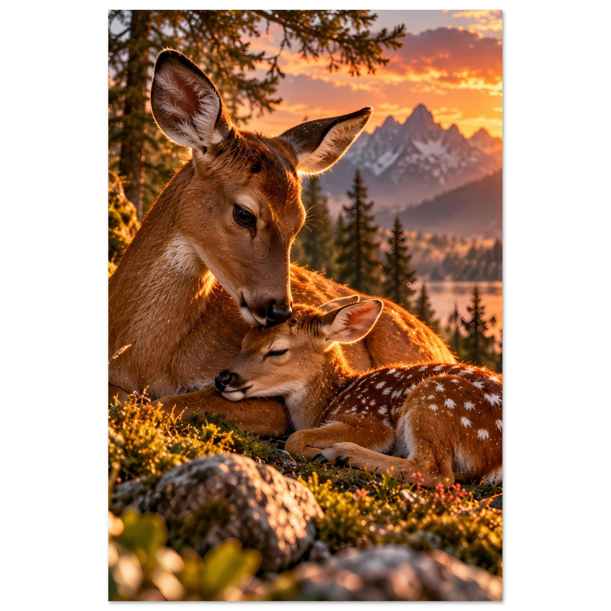 Hochformat-Poster mit Reh und Rehkitz, warmes Sonnenlicht und Waldlandschaft