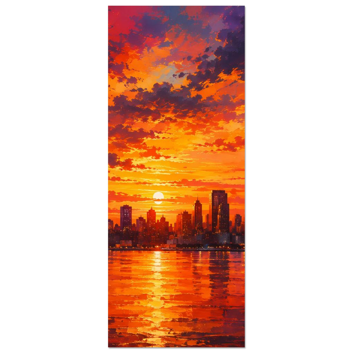 Hochformat-Poster: Sonnenuntergang über der Stadt, Skyline und Reflexionen im Wasser