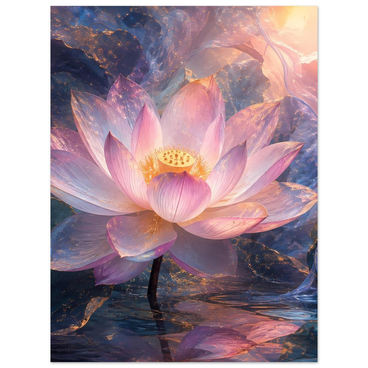 Magisches Lotusblüten-Poster mit großer rosa Blüte, goldener Mitte und violettem Lichteffekt