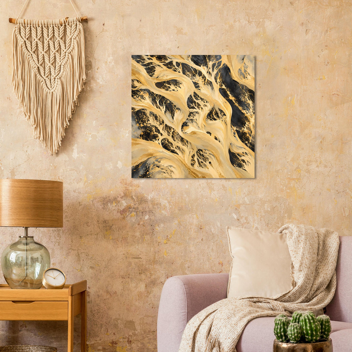 Abstraktes Kunstposter mit gold-schwarzem Muster, quadratisch