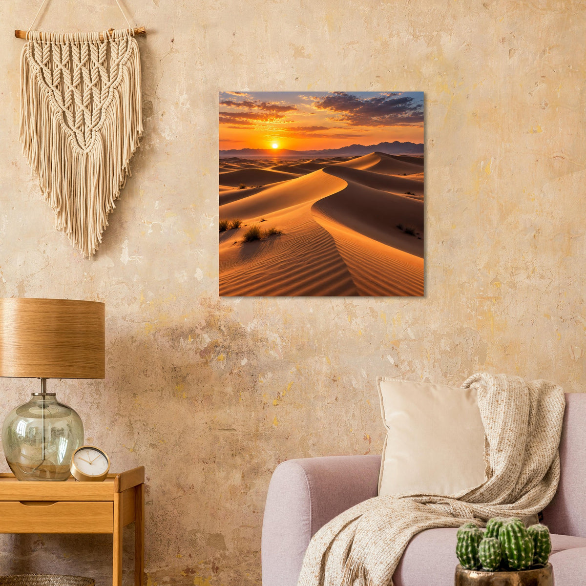 Quadratisches Sonnenuntergangs-Poster: Dünenlandschaft mit goldenem Himmel und warmen Farben
