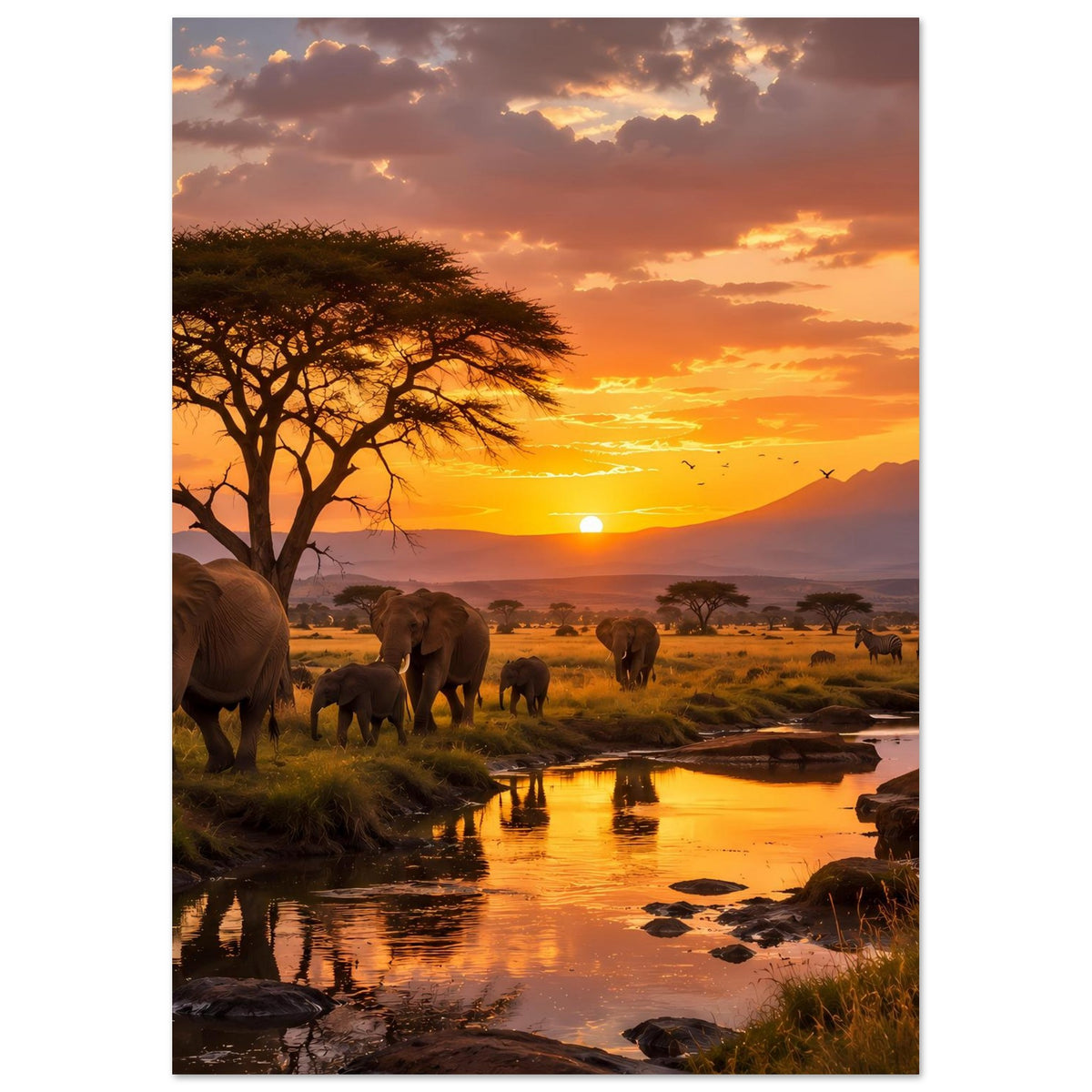 Poster mit Elefantenherde neben Akazienbaum bei Sonnenuntergang