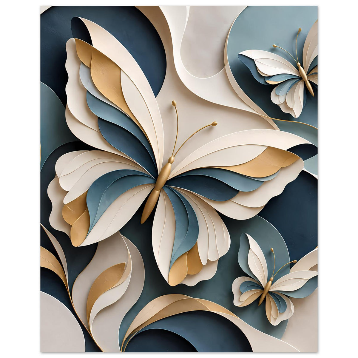 Quadratisches Poster mit Schmetterlingen und Blattformen in Dunkelblau, Gold und Creme