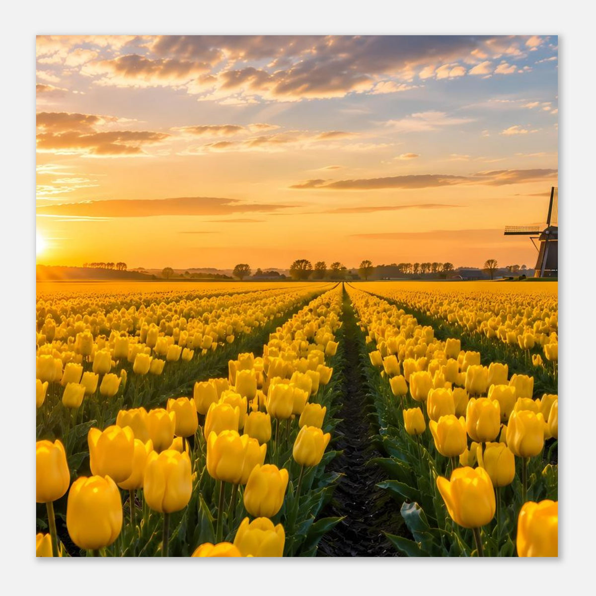 Poster mit gelbem Tulpenfeld und Windmühle rechts im Abendlicht