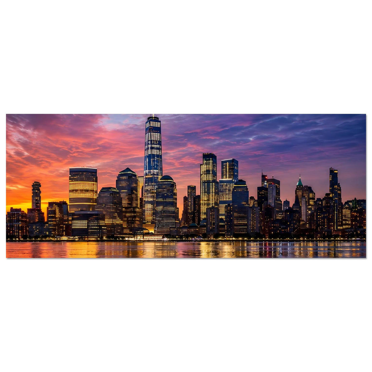 Panoramastadtposter New-York-Skyline bei Dämmerung, Wasserreflexionen, Querformat