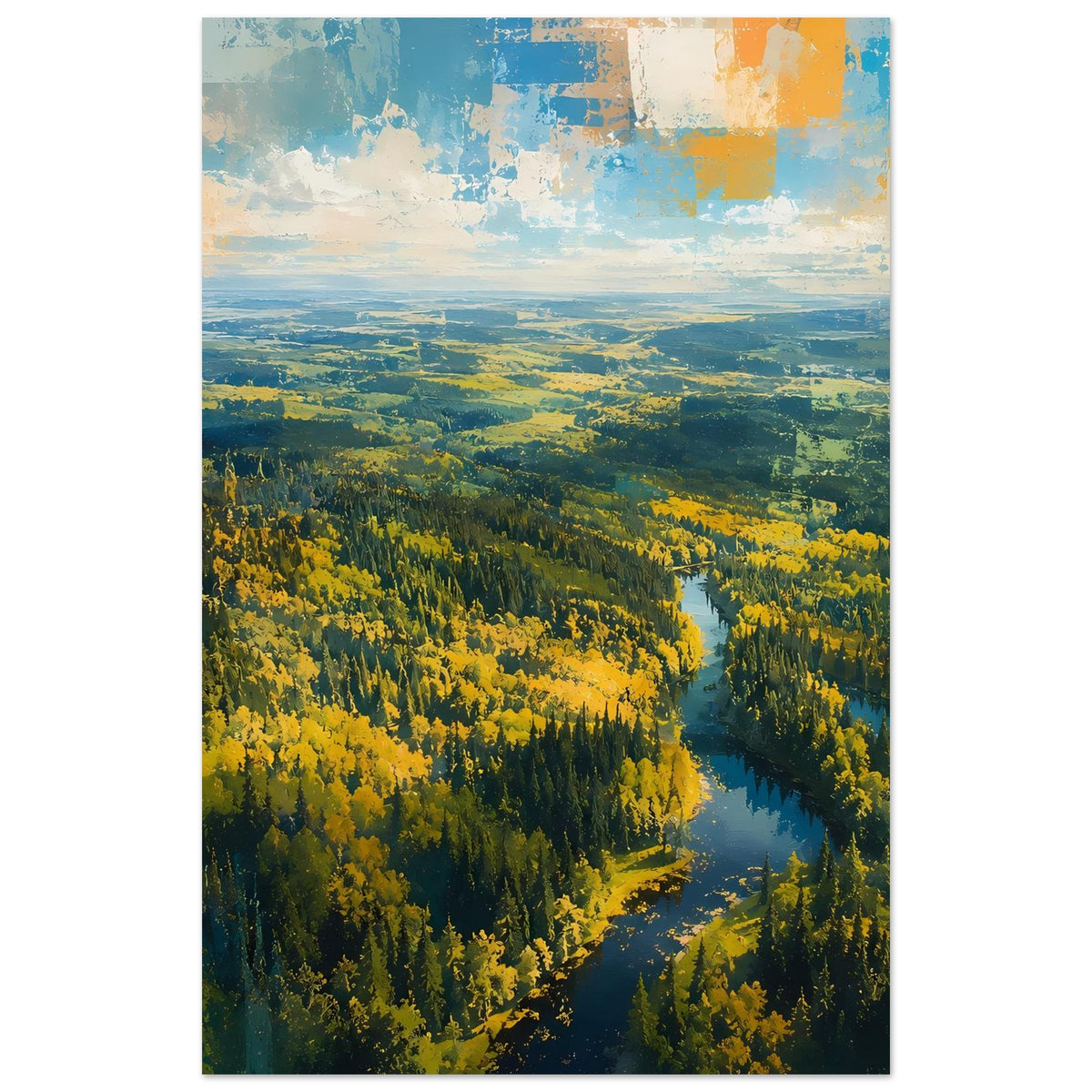 Herbstwald-Poster im Hochformat mit Fluss, gelbe Baumkronen und weite Landschaft