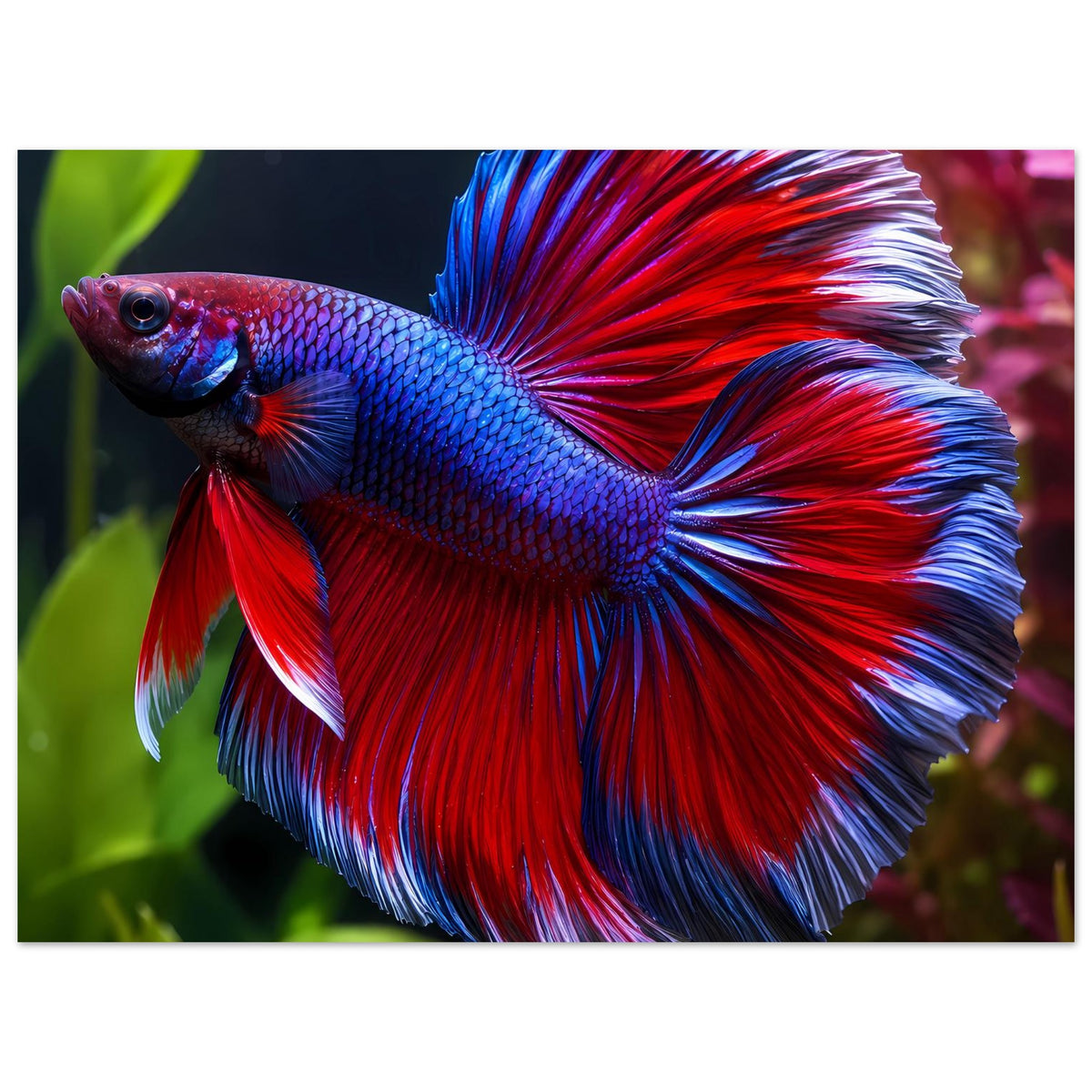 Horizontales Poster mit Betta-Fisch: blauer Körper, rote Flossen, breite Fächerform.