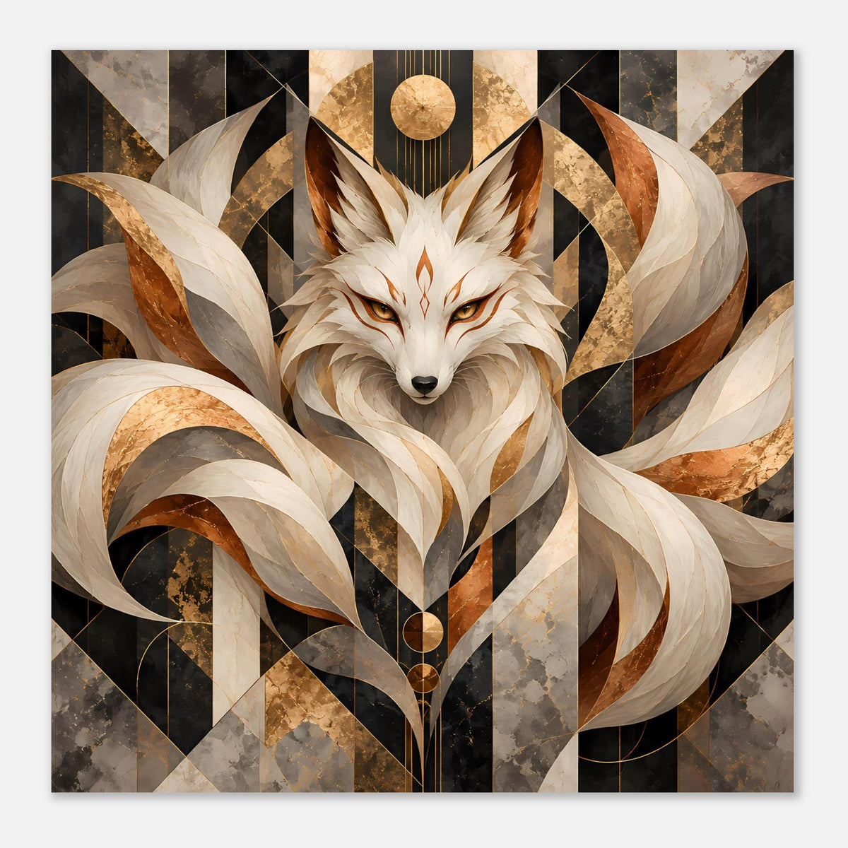 Geometrisches Poster, Fuchskopf zentral mit goldener Kugel und warmen Erdtönen