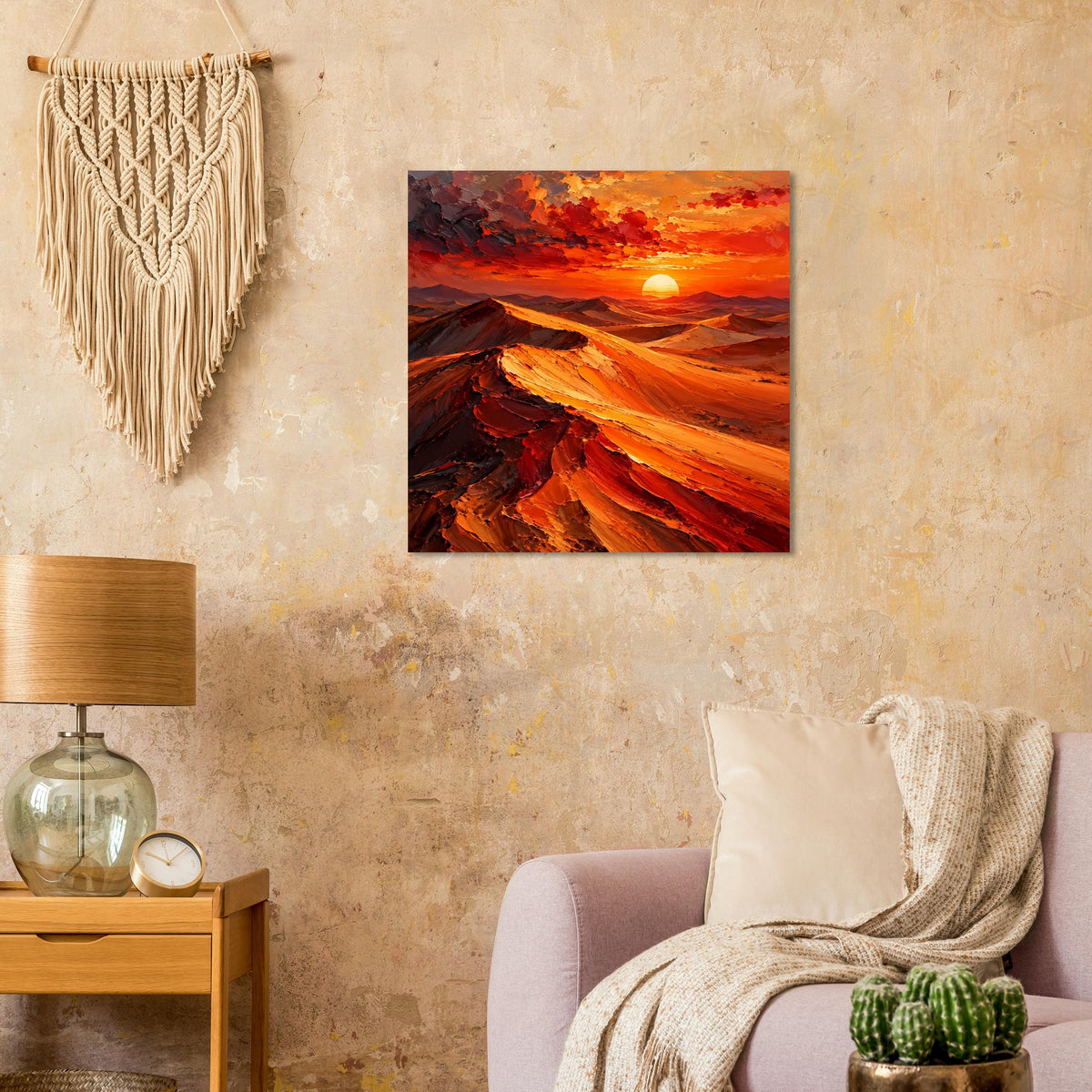 Wandposter mit Wüstenlandschaft: Sonne am Horizont, rote und orangefarbene Dünen