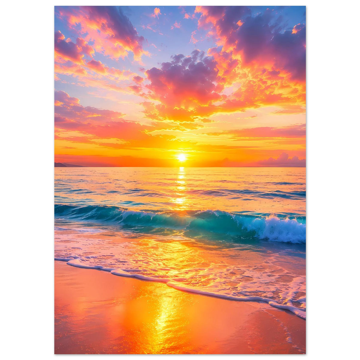 Sonnenuntergangsstrand-Poster, vertikal: goldene Sonne, Panorama des Meeres, Wellen am Strand, Rand.
