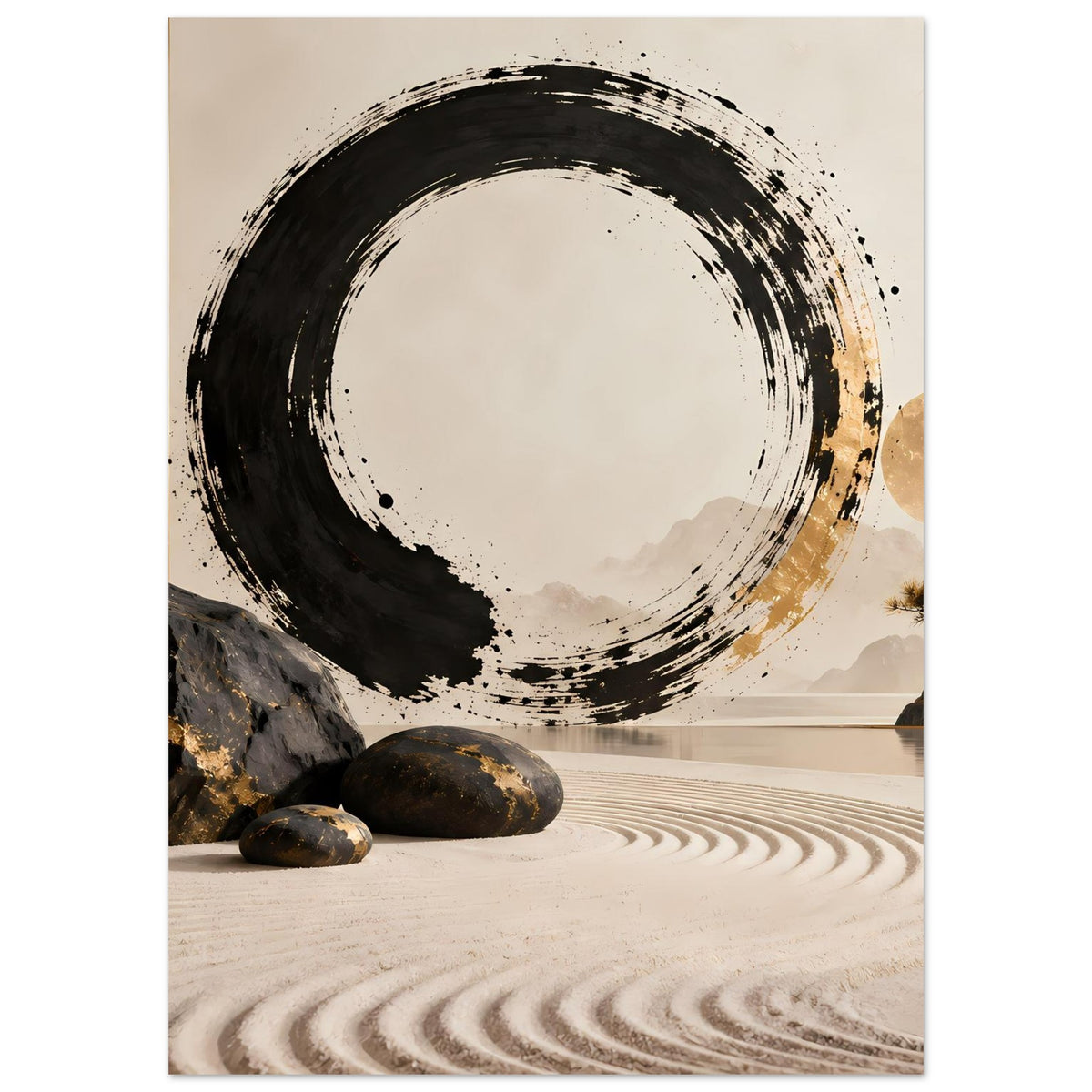 Minimalistische Tuschekunst mit schwarzem Enso-Kreis und goldener Mitte