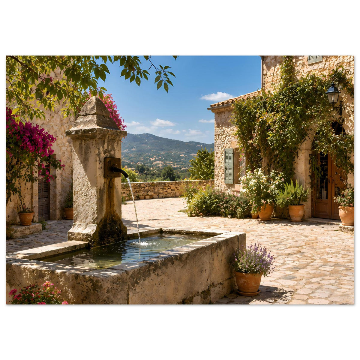 Poster: Steinbrunnen mit Wasserbecken, mediterraner Innenhof mit Steinmauer und Töpfen