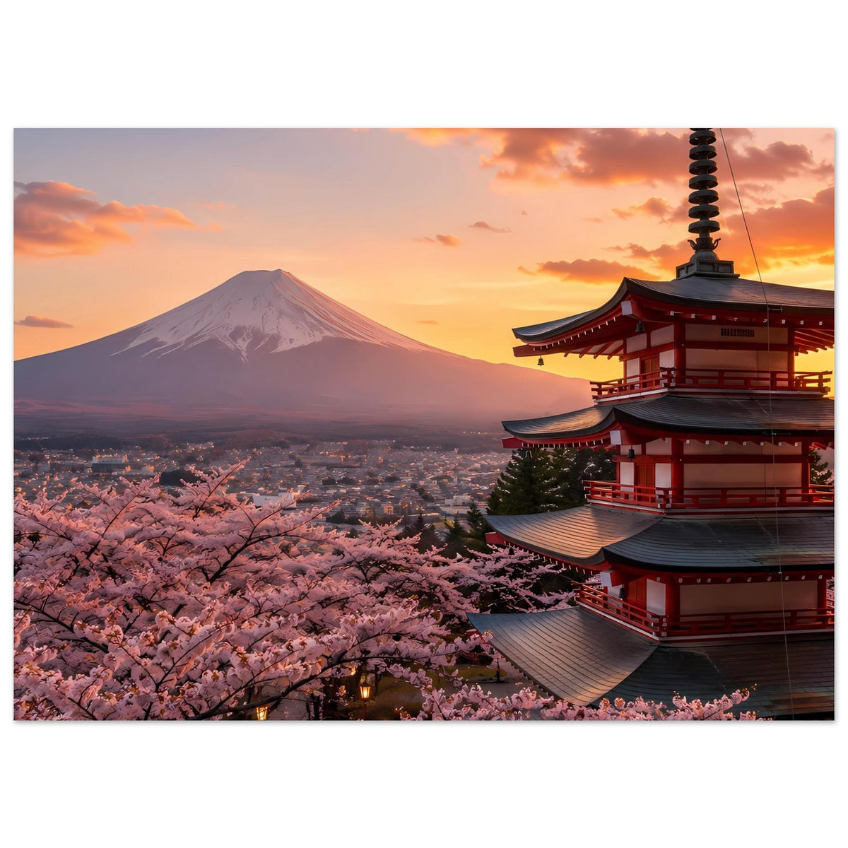 Querformatiges Poster mit Kirschblüten, Mount Fuji und rotem Tempel im Abendlicht