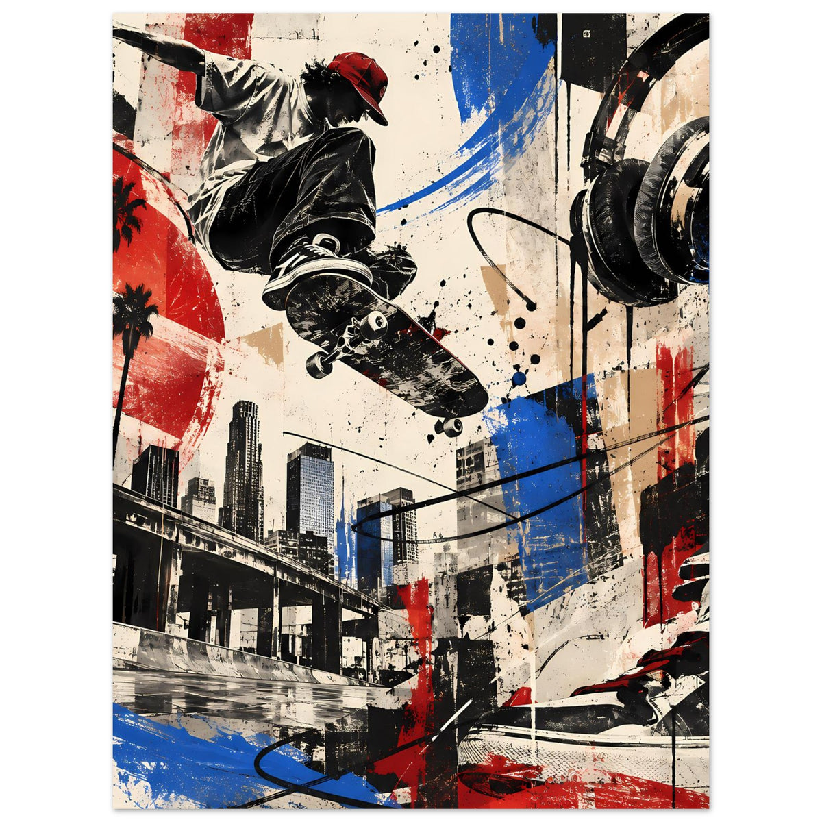 Wandposter mit Skater auf Skateboard und Spritzern, Stadtmotiv in Rot, Blau und Schwarz