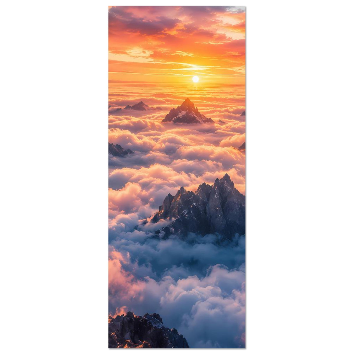 Vertikales Poster mit Sonnenaufgang über Bergkette und dichtem Wolkenmeer