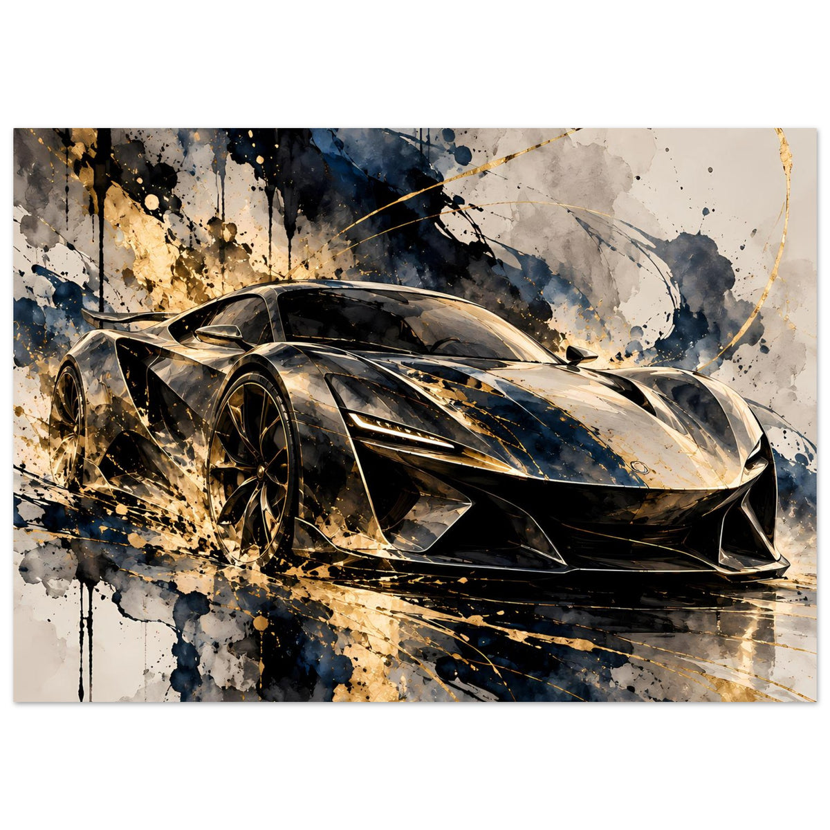 Poster mit Supersportwagen in Schwarz, goldene Linien und Blautöne, Frontansicht im Querformat