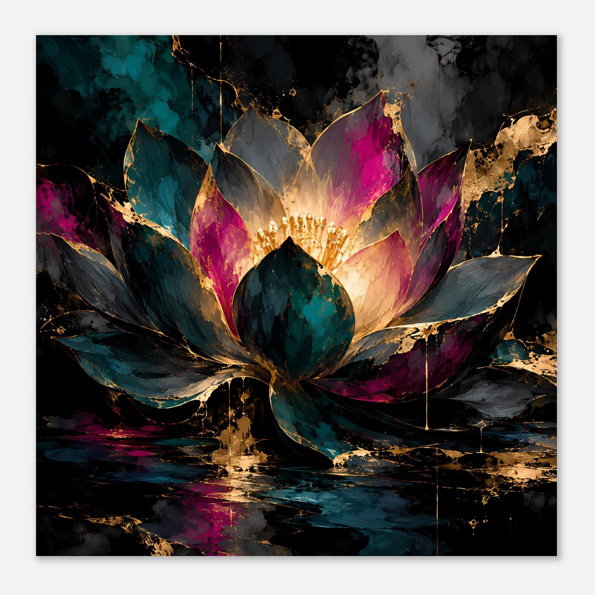 Quadratisches Kunstposter mit Lotusblüte, türkis und pink, Strahlenkranz in Gold