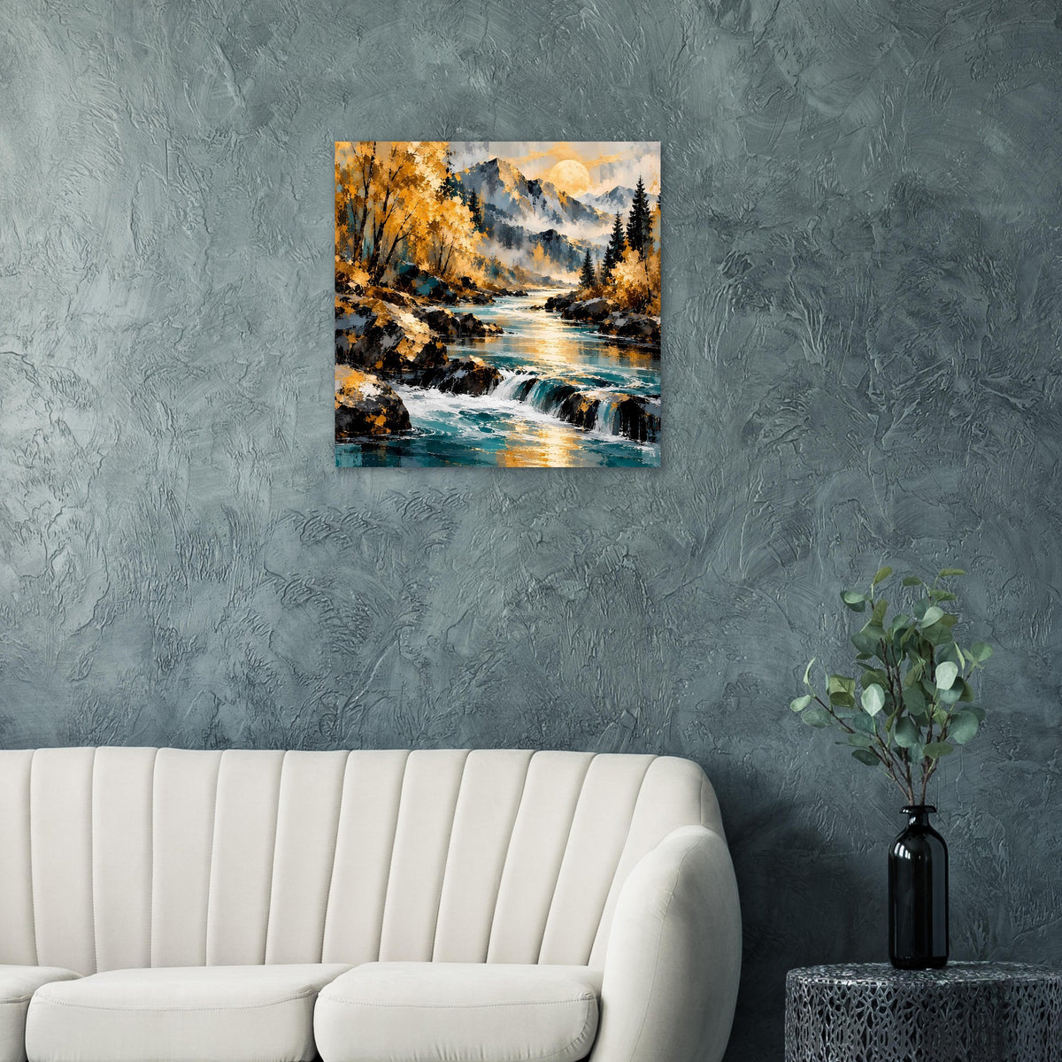 Herbstlandschaft-Poster mit Fluss und Wasserfall, gelben Bäumen, Bergpanorama
