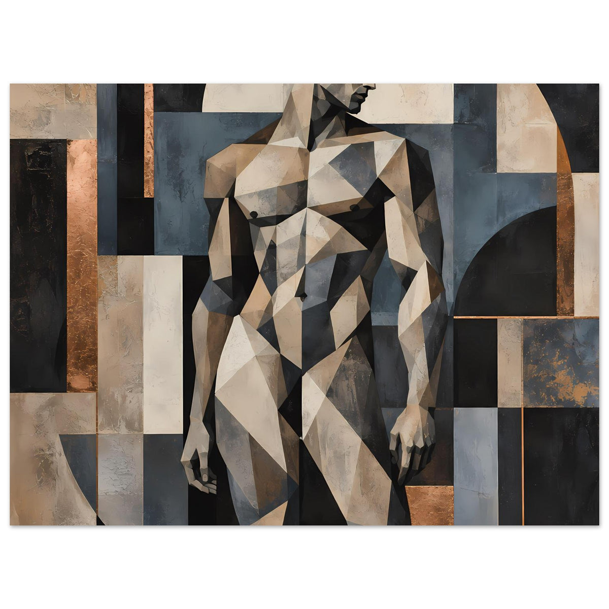 Kunstposter im Querformat mit geometrischer Fraufigur, Vollansicht, Erdtöne und Blau