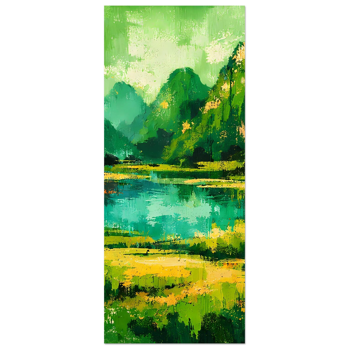 Abstraktes Landschafts-Poster im Hochformat mit grünen Bergen und türkisblauem See