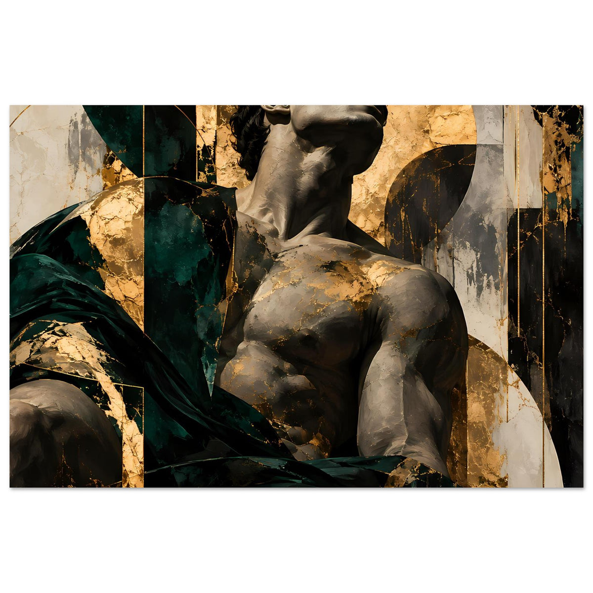 Kunstposter: Skulptur eines Mannes in Grau mit dunkelgrüner Draperie und goldfarbenen Akzenten