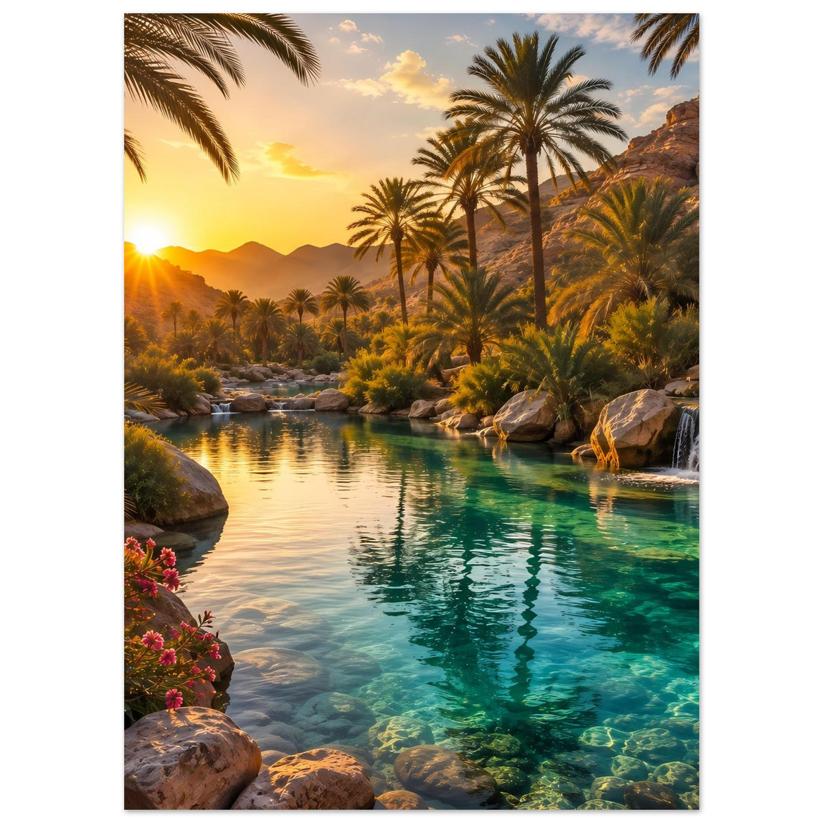 Poster im Hochformat mit tropischer Landschaft, Palmen, Sonnenuntergang und türkisfarbenem Fluss