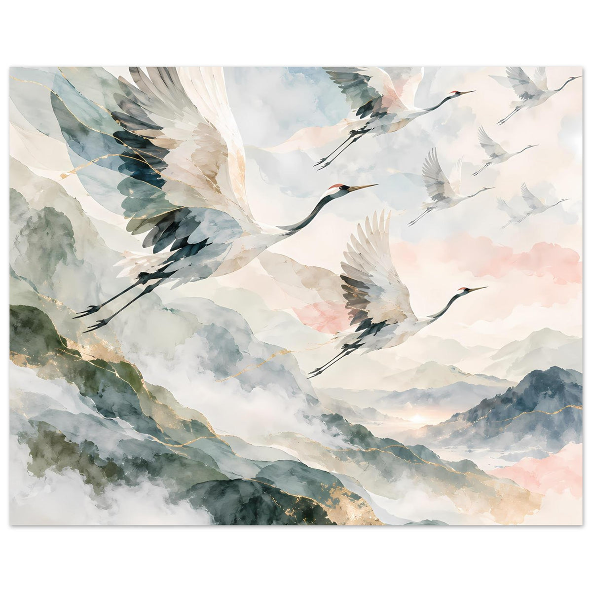 Horizontales Poster mit fliegenden Kranichen über mehrfarbigen Wolken und goldfarbenen Akzenten