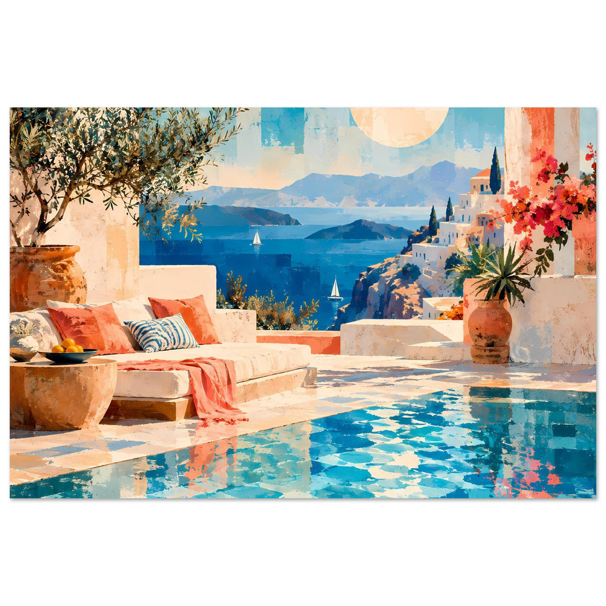 Mediterraner Kunstposter: Blaue Poolfläche, Terracotta-Wände, Sofa, Blumenstrauß und Häuser