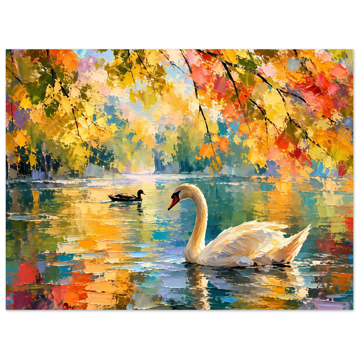 Schwanen-Poster mit weißem Schwan, kleinem Vogel auf dem Wasser und Herbstlaub in warmen Tönen