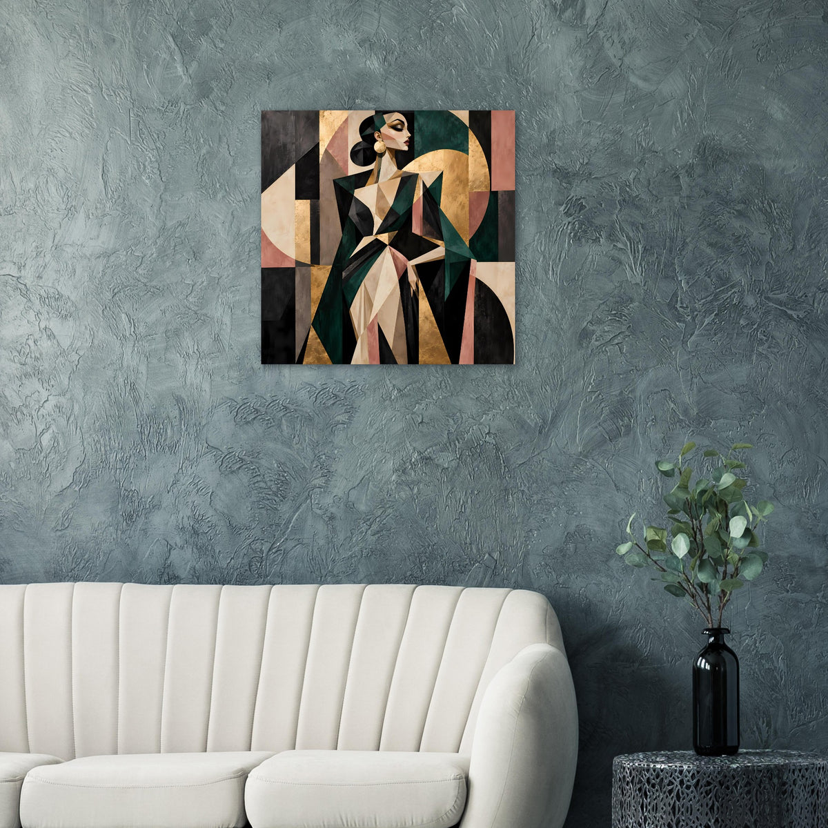 Abstraktes Poster mit geometrischen Formen in Olivgrün, Gold und Rosé