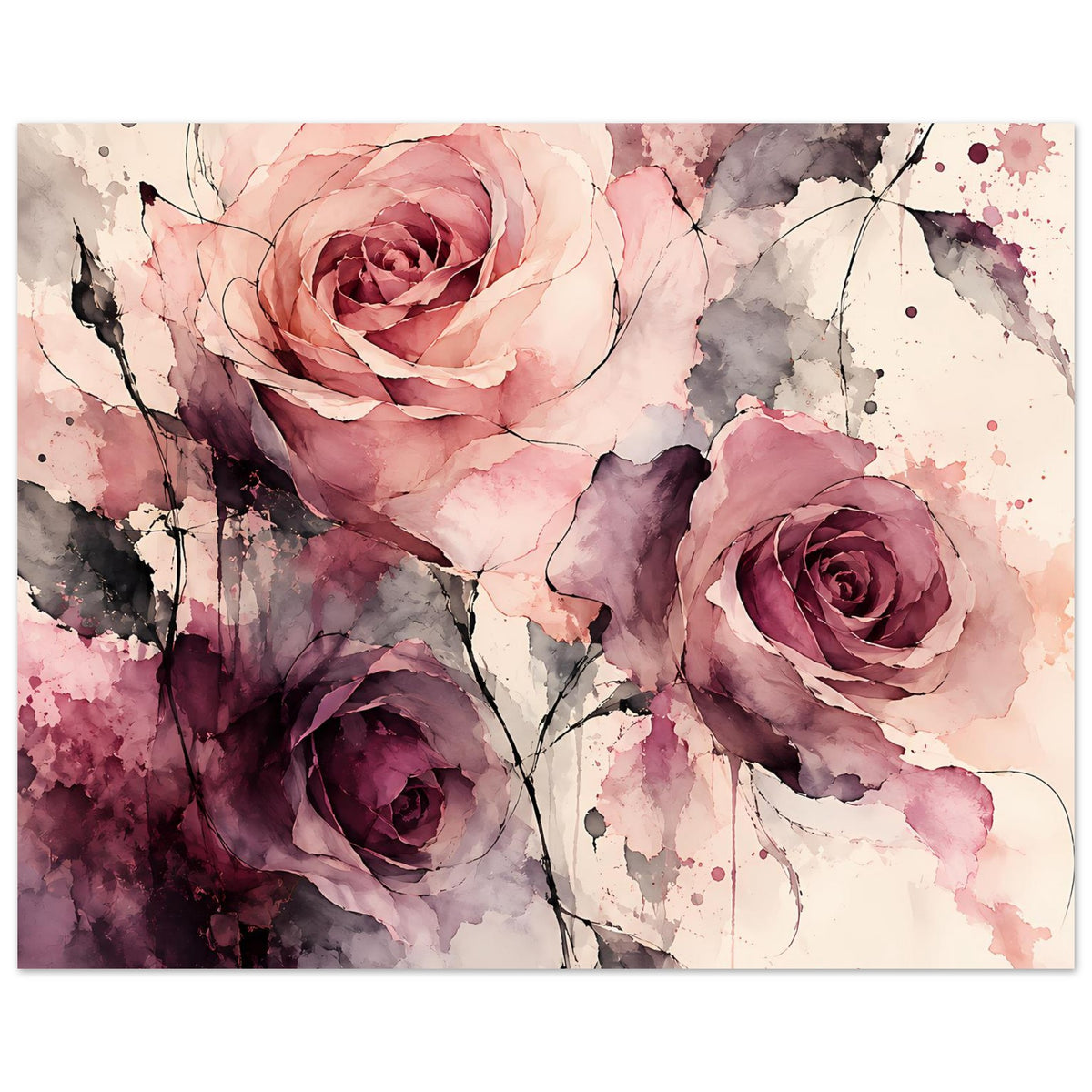 Wandposter mit Aquarell-Rosen in Rosa- und Violetttönen, horizontal.