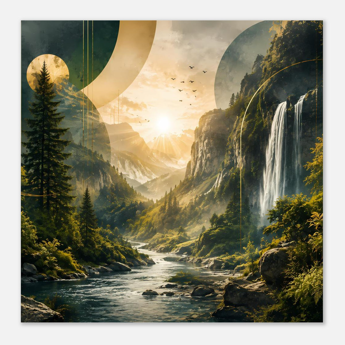 Quadratisches Landschafts-Poster mit Wasserfall, Fluss, Bergen, warmem Sonnenaufgang
