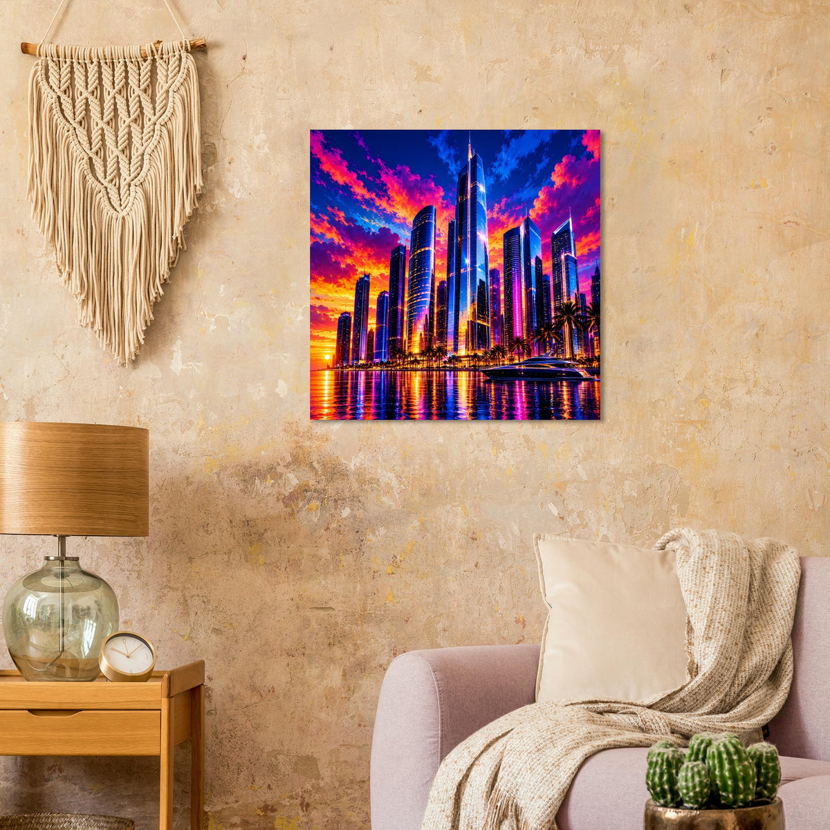 Poster mit Skyline-Hochhäusern im Sonnenuntergang, leuchtende Fassaden und Wasserspiegelungen