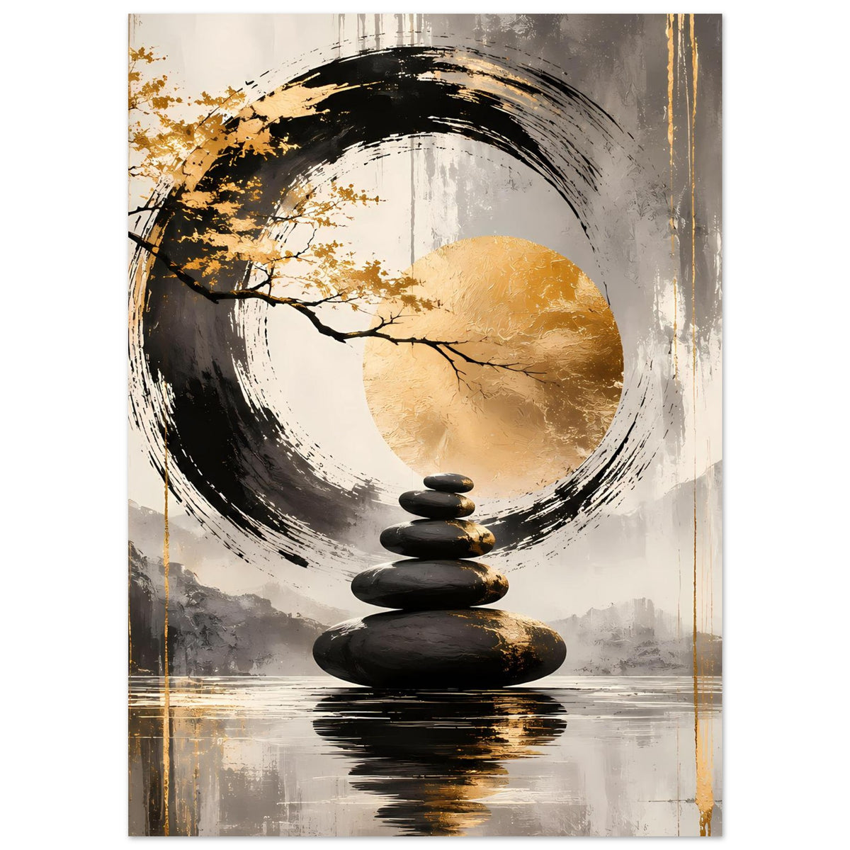 Zen-Art Poster mit goldener Fläche, schwarzem Kreisring und Steinstapel, neutral