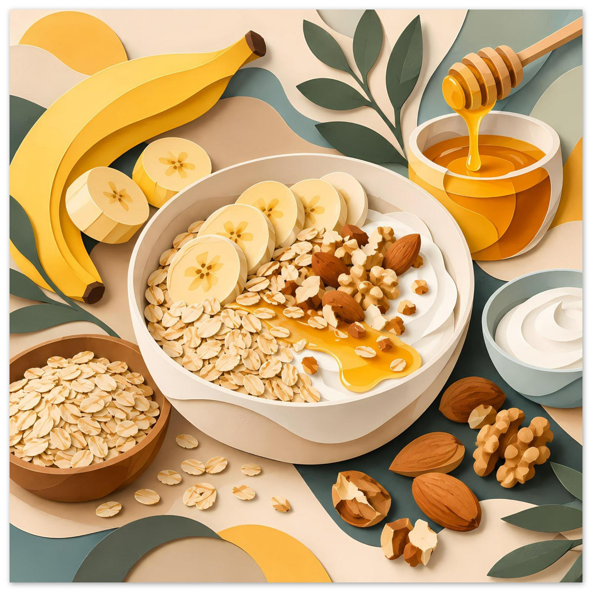 Poster mit Frühstücksschale, Honig, Haferflocken, Nüssen und Obstscheiben