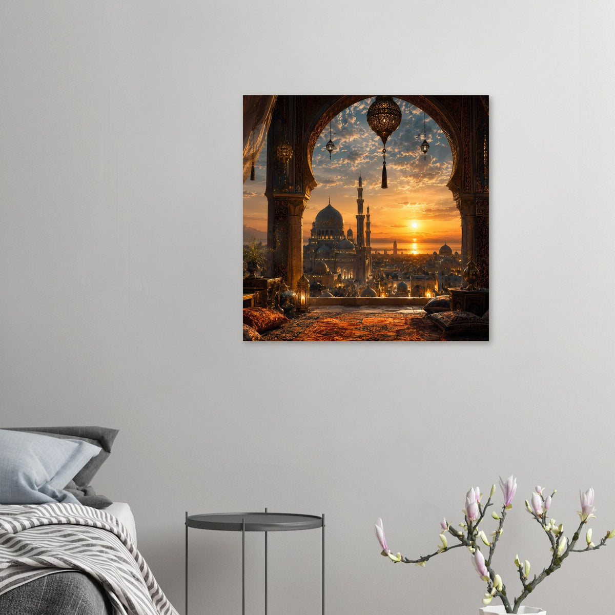 Kleines Poster mit Moschee durch Rundbogen, goldene Kuppel und Sonnenuntergangsfarben