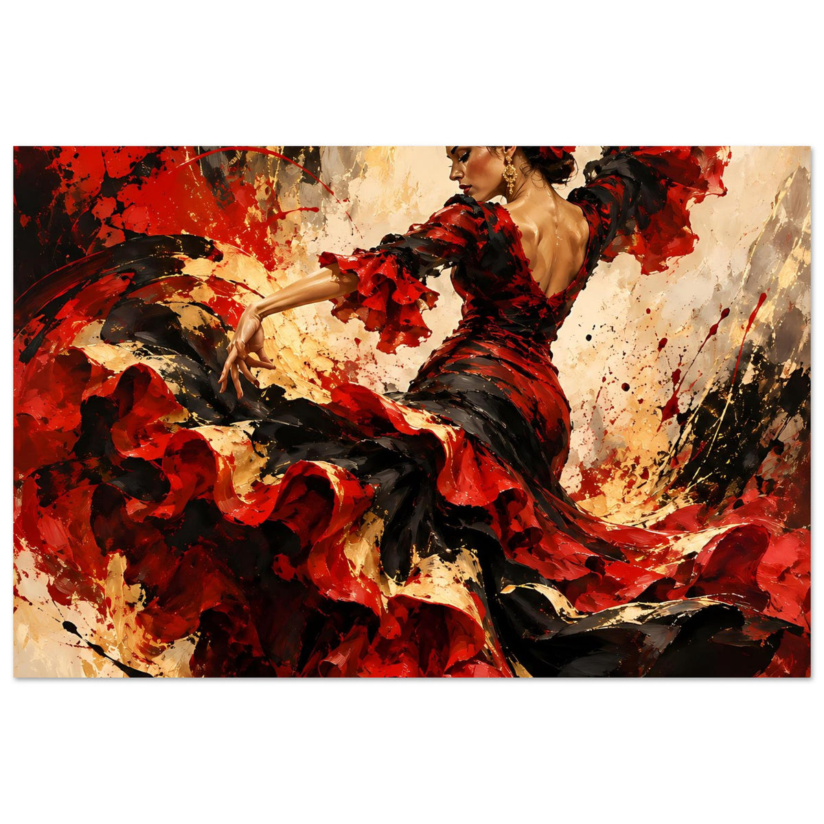 Querformat-Poster mit Flamenco-Tänzerin im roten und schwarzen Kleid, Detailansicht des Rocksaums