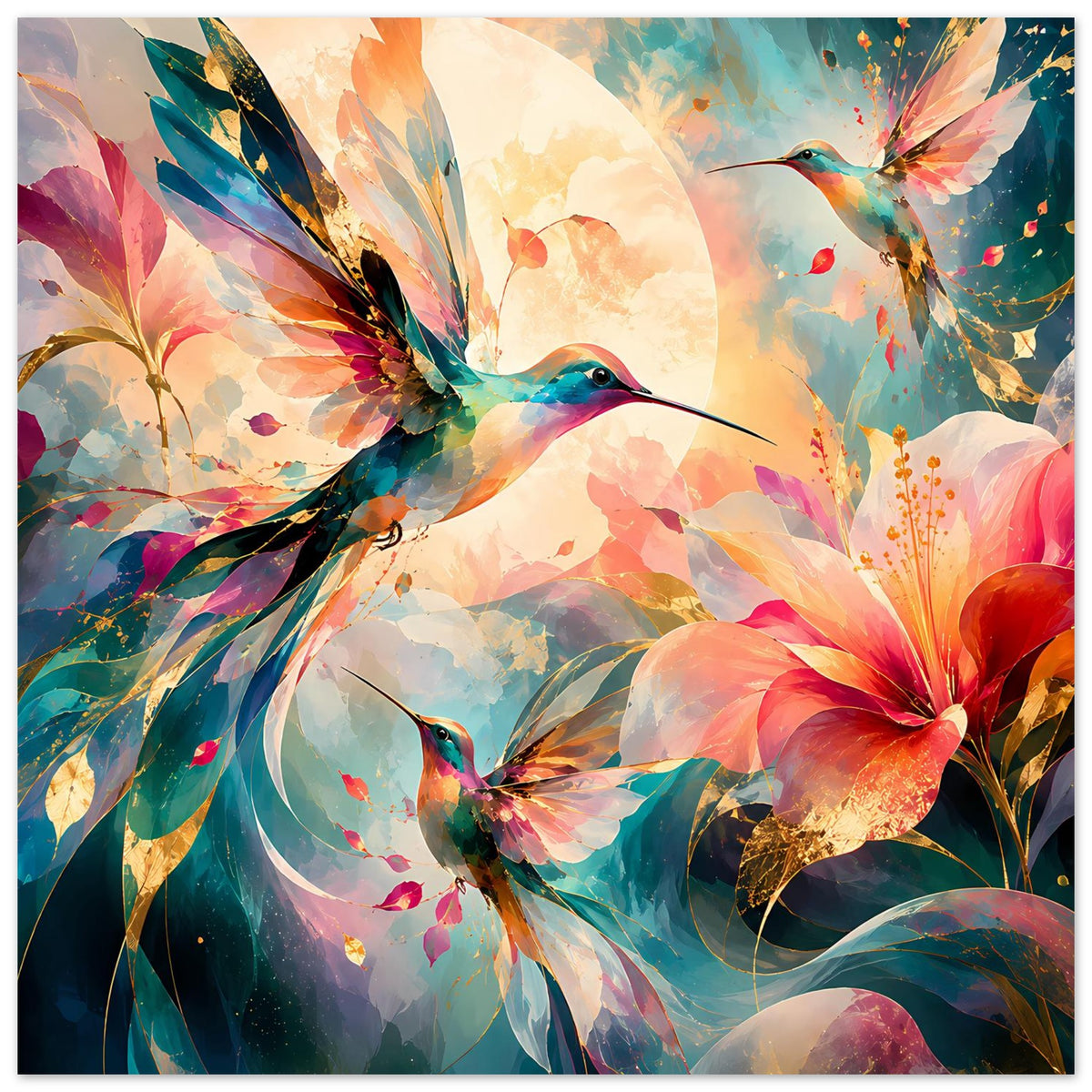 Kunstposter: zwei Kolibris zwischen großen Blüten, leuchtende Farben, Querformat