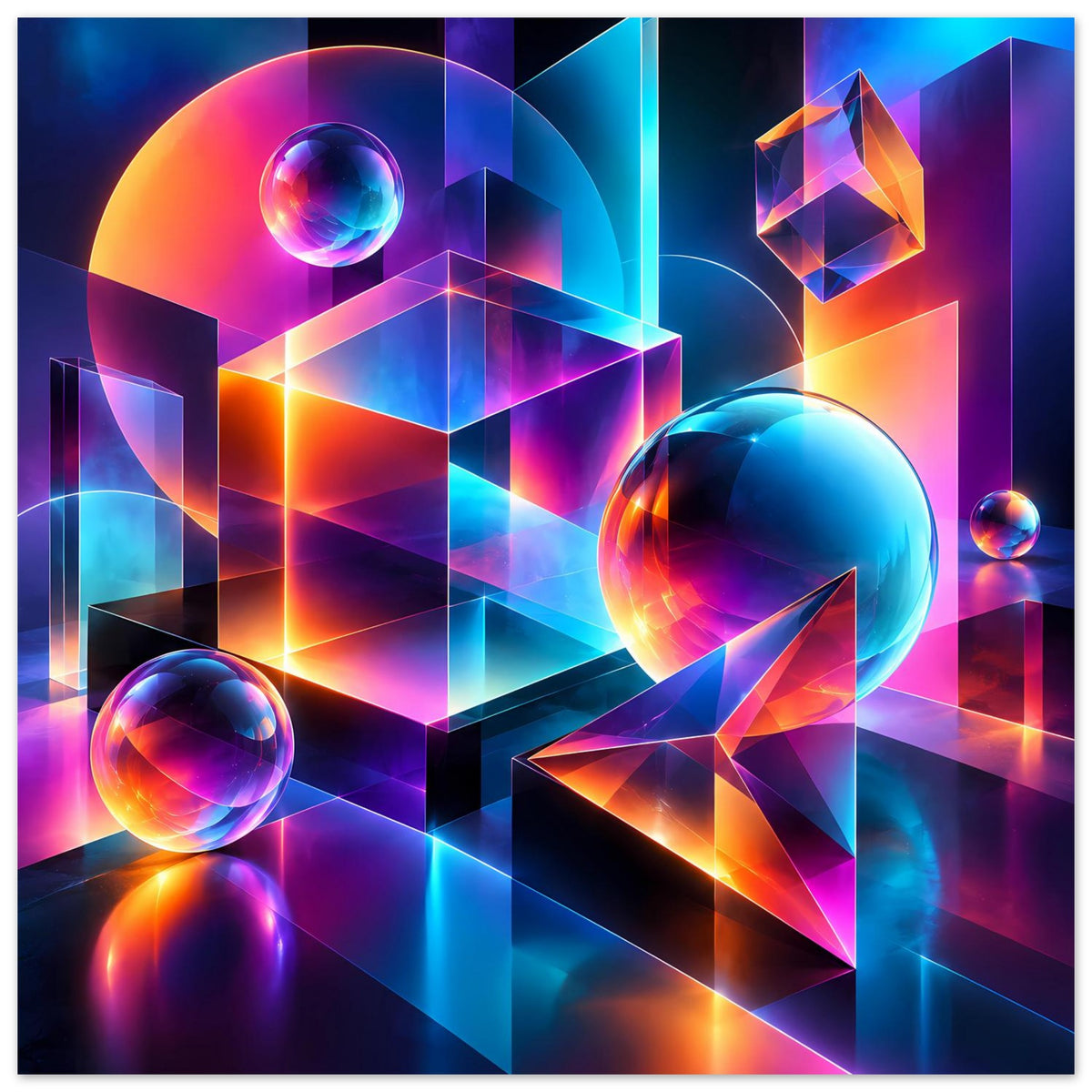 Neon-Geometrieposter mit geometrischen Blöcken, Glaskugeln und bunten Lichtreflexen